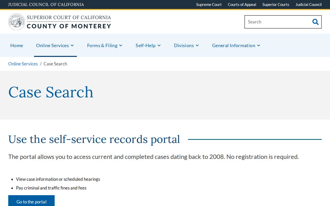 Monterey County residents directory Superior Court case search