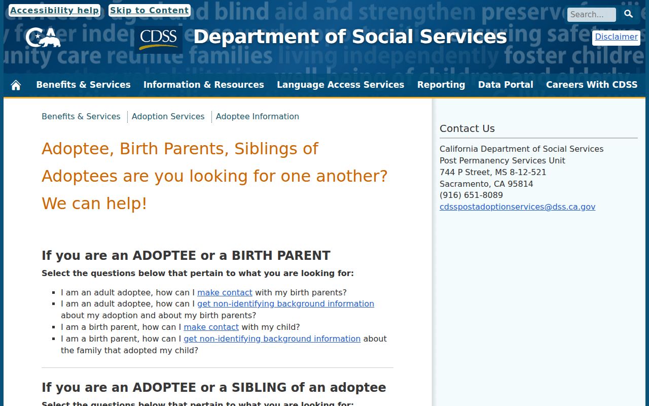 Monterey County previous residents California adoptee information