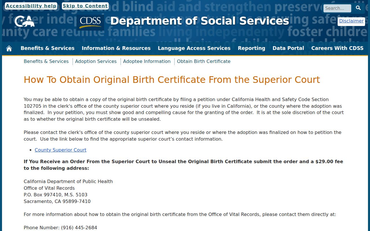 Monterey County previous residents original birth certificate process